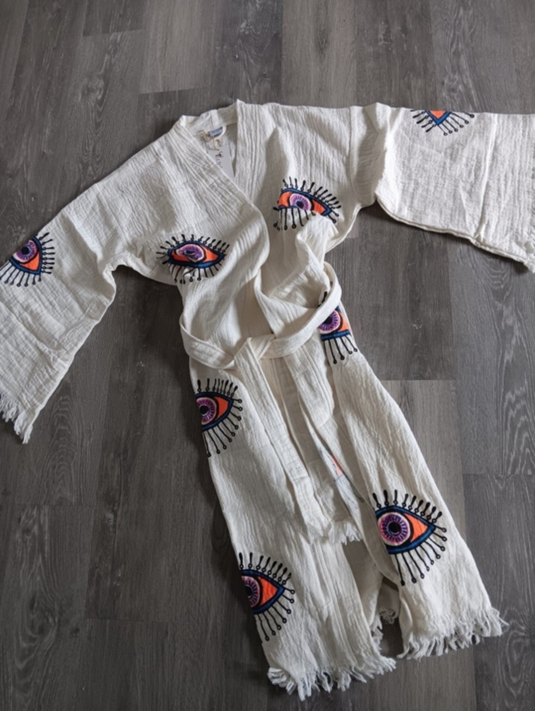 Lil Bees Bohemian Vibrant Handpainted & Embroidered Fringe Frayed Kimono Robe Os — image 8 of 8